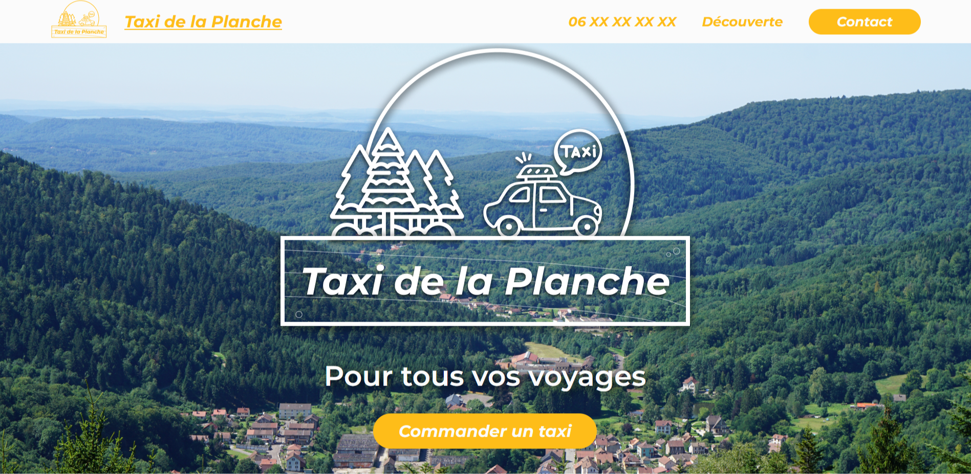 image de présentation du site de Taxi de la Planche. On peut voir le village de Plancher-les-mines dans le fond avec un logo de taxi devant. Le titre Taxi de la Planche en grand.