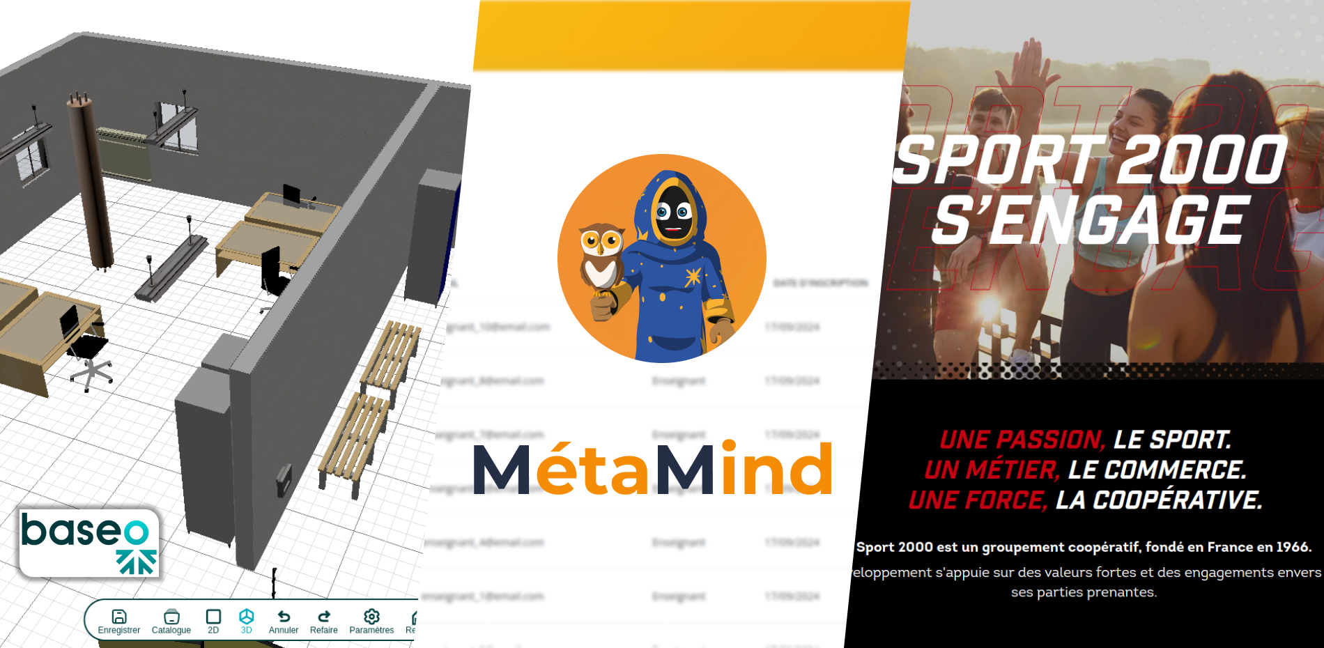 image de présentation de mes différents projets chez idées numérique. On peut voir un plan en 3D d'un chantier, ainsi que le logo de metamind.